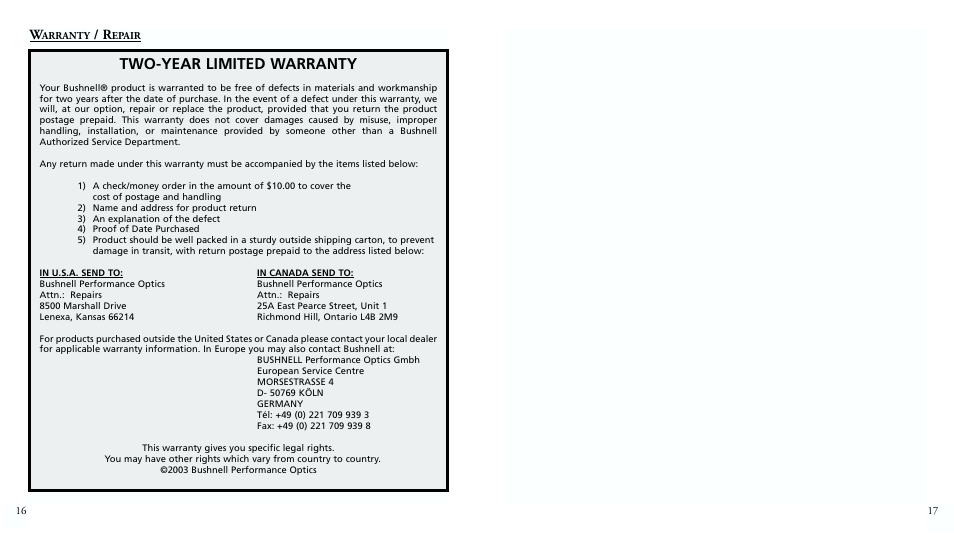 Two-year limited warranty | Bushnell DIGITAL NAVIGATION 70-0102 User Manual | Page 10 / 51