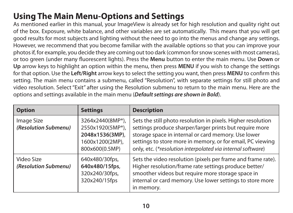 Using the main menu-options and settings | Bushnell ImageView 11-0833 User Manual | Page 10 / 20