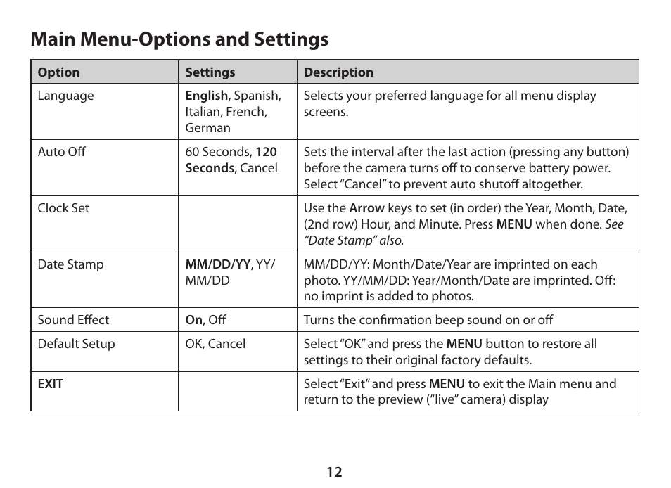 Main menu-options and settings | Bushnell ImageView 11-0833 User Manual | Page 12 / 20