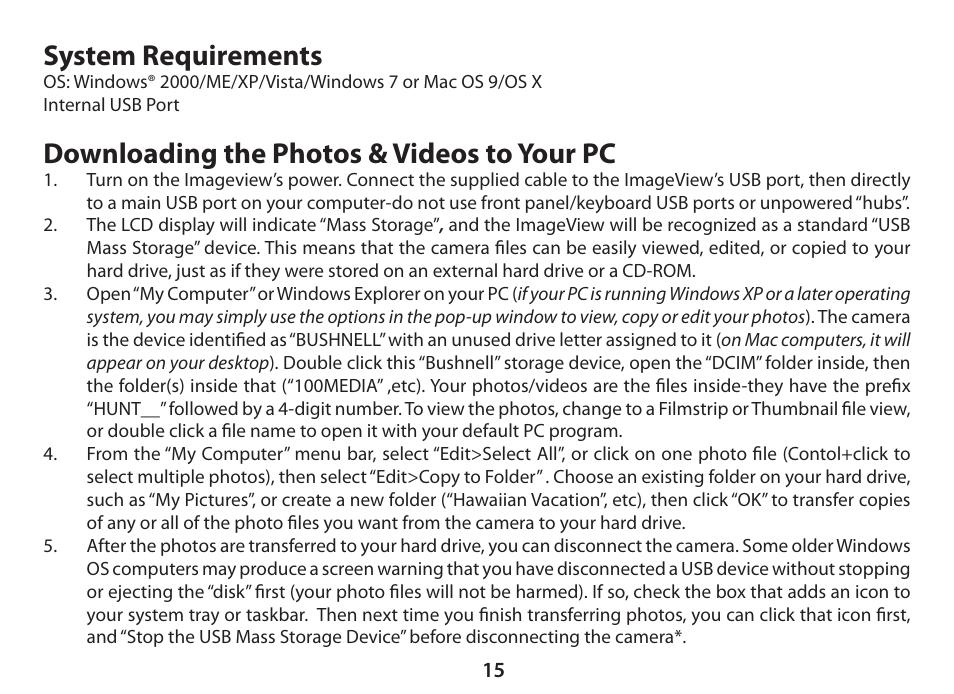 System requirements, Downloading the photos & videos to your pc | Bushnell ImageView 11-0833 User Manual | Page 15 / 20