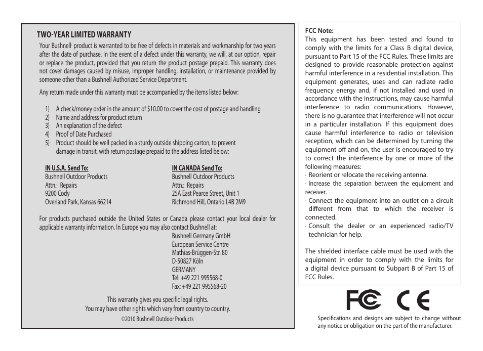 Two-year limited warranty | Bushnell ImageView 11-0833 User Manual | Page 18 / 20