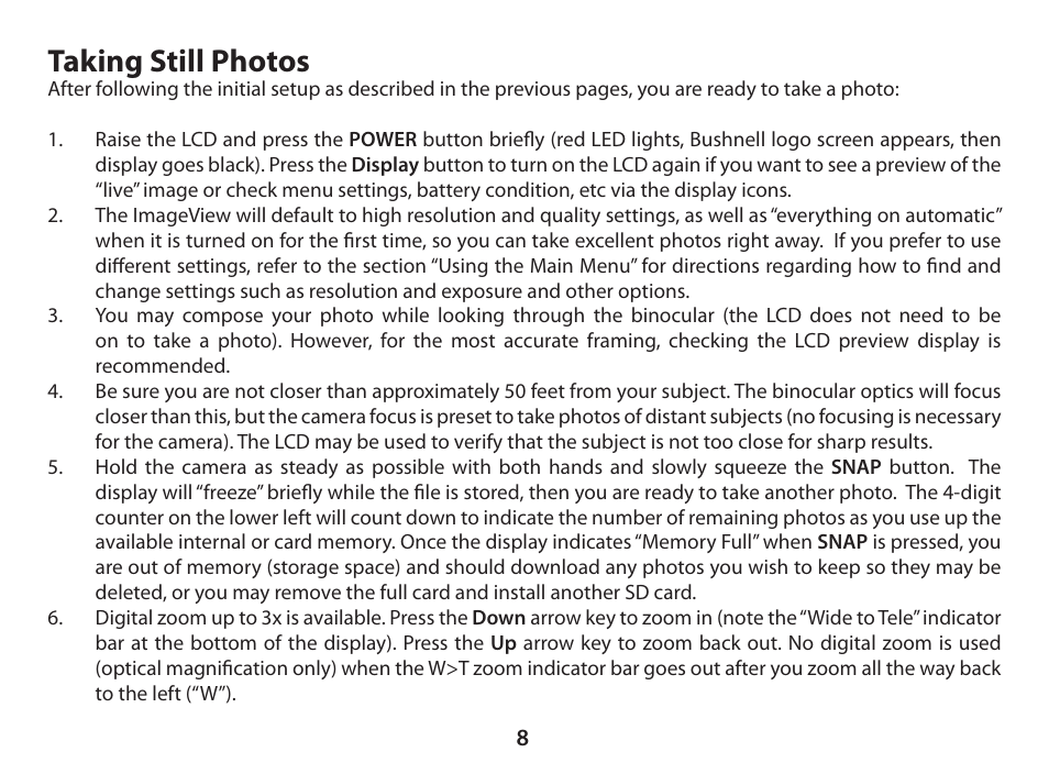 Taking still photos | Bushnell ImageView 11-0833 User Manual | Page 8 / 20