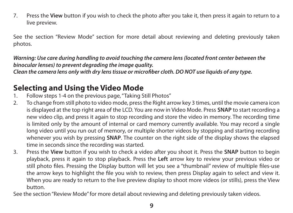 Selecting and using the video mode | Bushnell ImageView 11-0833 User Manual | Page 9 / 20