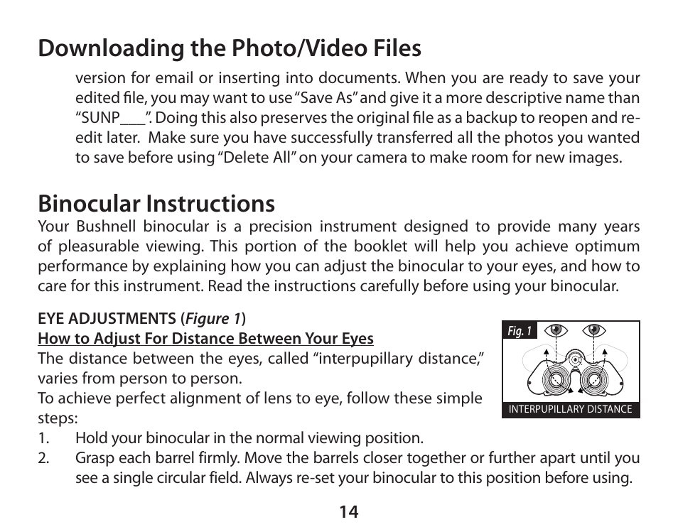Downloading the photo/video files, Binocular instructions | Bushnell 111026 User Manual | Page 14 / 20
