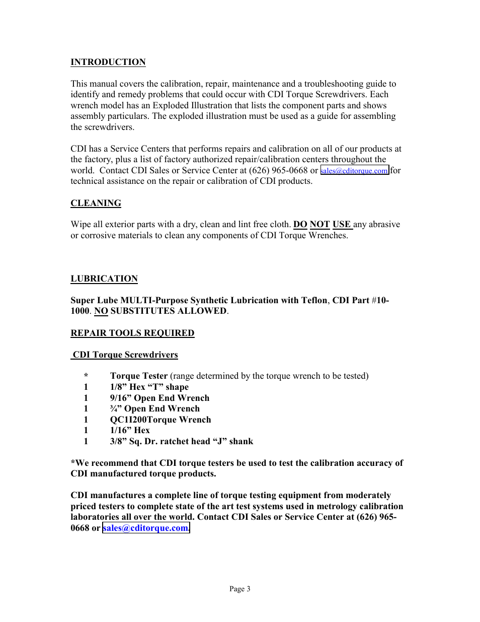 Cleaning, Lubrication, Repair tools required | Cdi torque screwdrivers, Open end wrench | CDI Torque TORQUE SCREWDRIVERS User Manual | Page 6 / 16