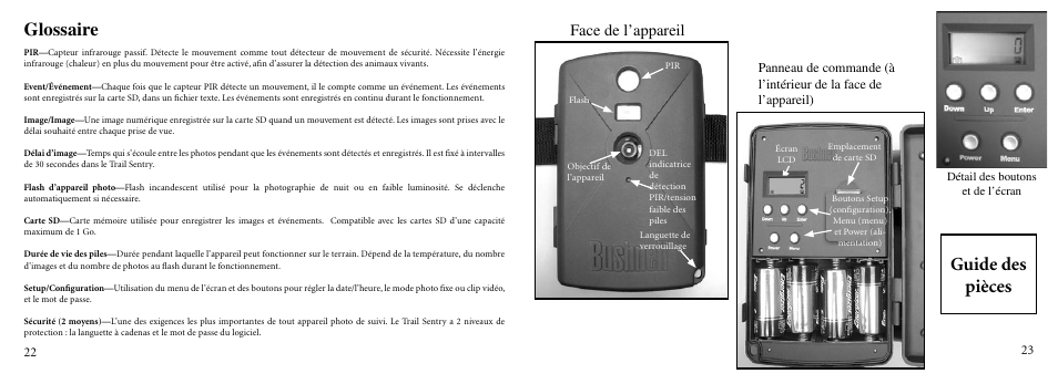 Glossaire, Guide des pièces, Face de l’appareil | Bushnell 11-9000 User Manual | Page 12 / 45