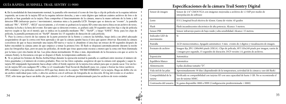 Especiﬁcaciones de la cámara trail sentry digital | Bushnell 11-9000 User Manual | Page 18 / 45