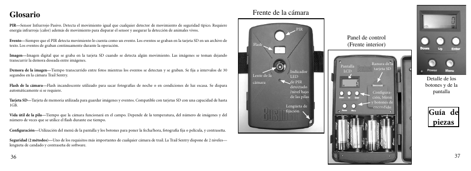 Glosario, Guía de piezas, Frente de la cámara | Panel de control (frente interior) | Bushnell 11-9000 User Manual | Page 19 / 45