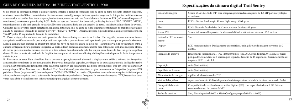 Especiﬁcações da câmara digital trail sentry | Bushnell 11-9000 User Manual | Page 39 / 45