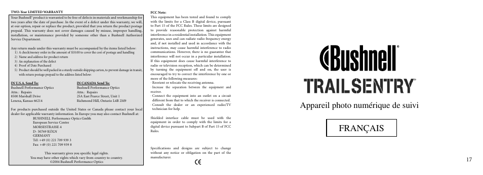 Français, Appareil photo numérique de suivi | Bushnell 11-9000 User Manual | Page 9 / 45