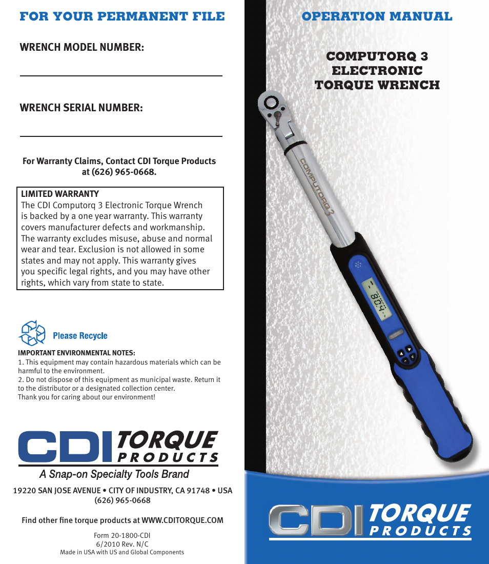 CDI Torque COMPUTORQ3 Electronic Torque Wrench User Manual | 6 pages