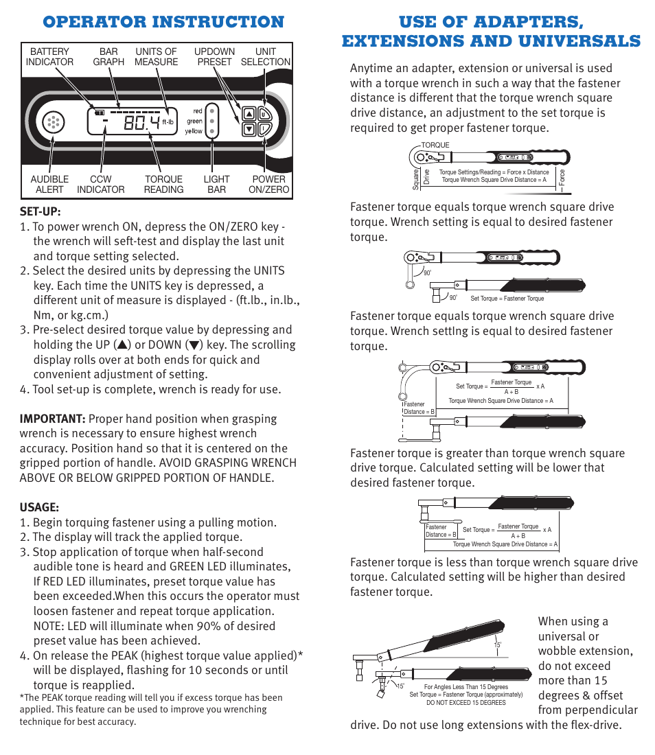 Operator instruction, Use of adapters, extensions and universals | CDI Torque COMPUTORQ3 Electronic Torque Wrench User Manual | Page 4 / 6