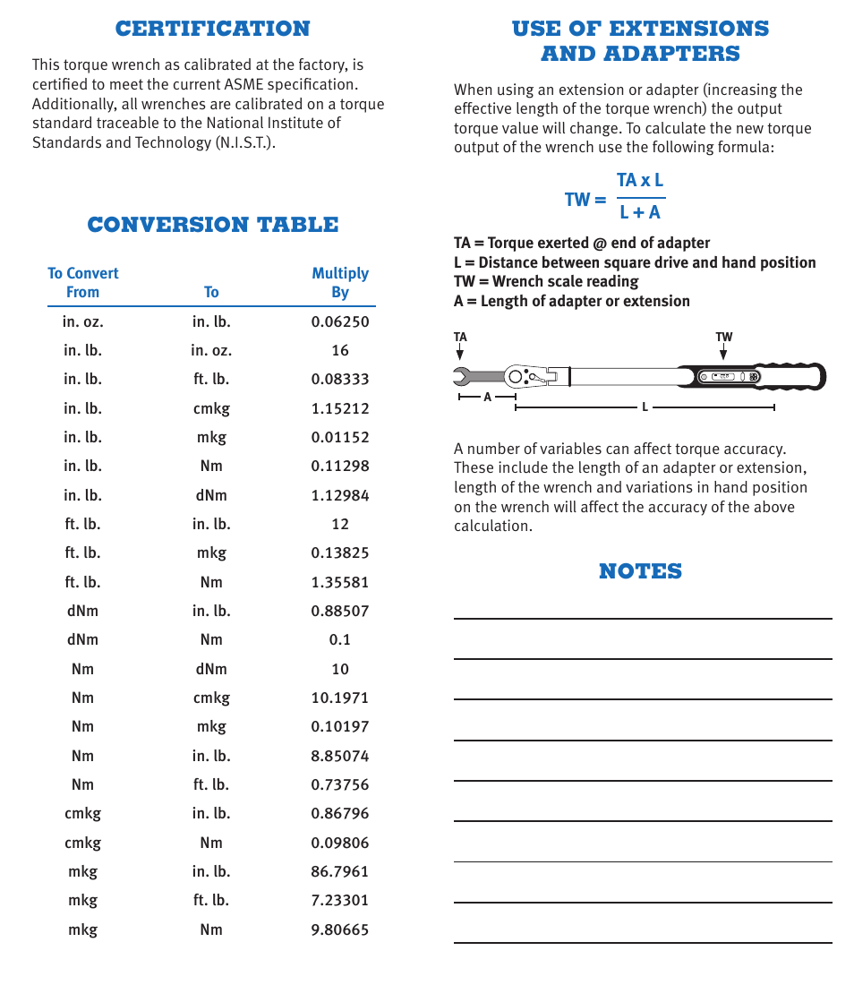 Certification conversion table, Use of extensions and adapters | CDI Torque COMPUTORQ3 Electronic Torque Wrench User Manual | Page 6 / 6
