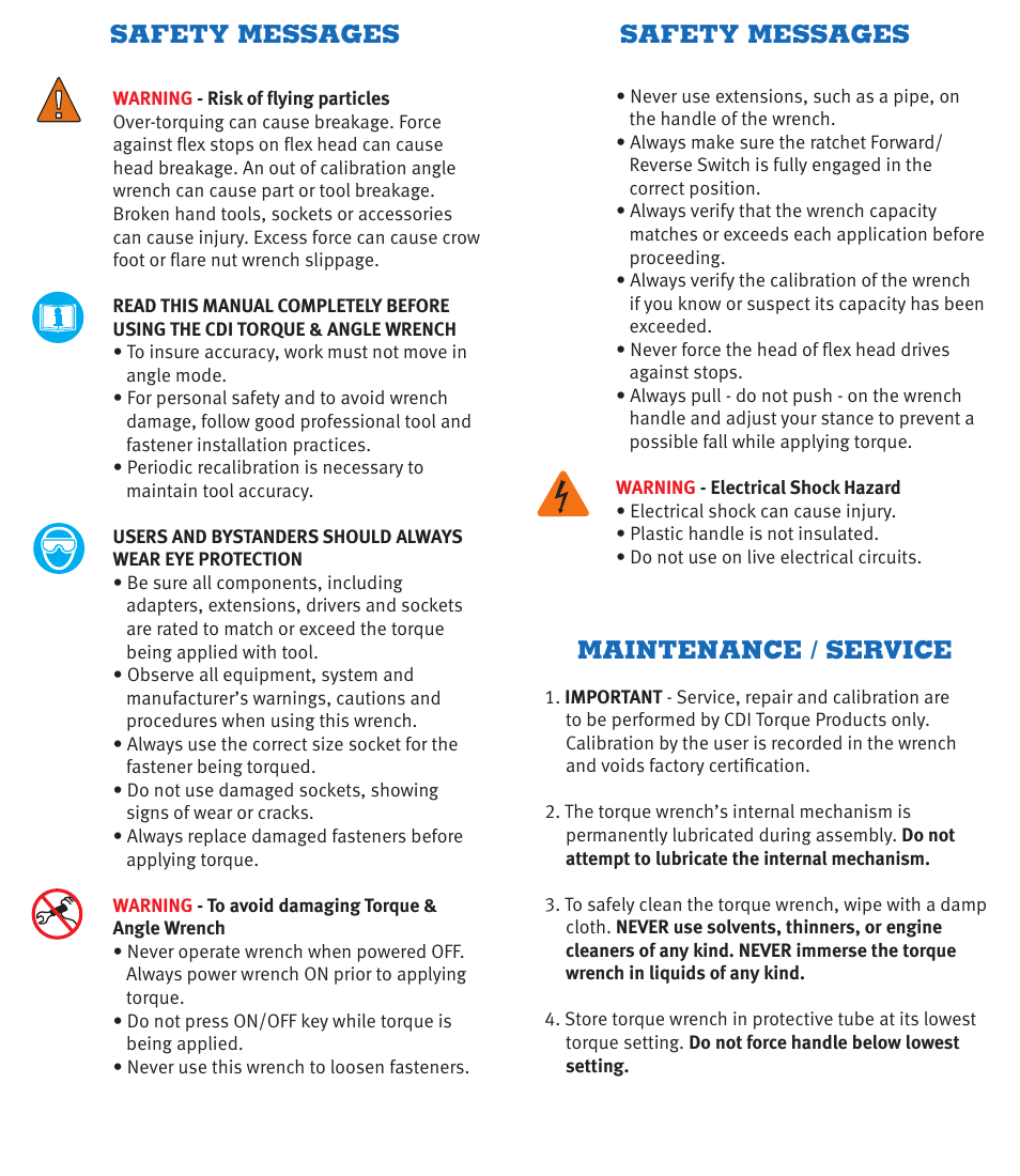 Safety messages, Maintenance / service | CDI Torque DIGITAL TORQUE TESTER (DTT) User Manual | Page 2 / 6