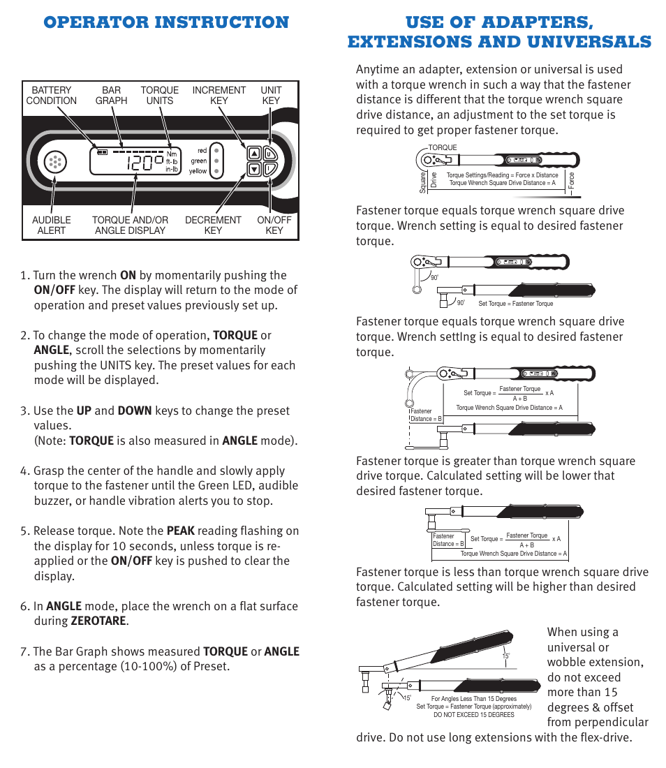 Operator instruction, Use of adapters, extensions and universals | CDI Torque DIGITAL TORQUE TESTER (DTT) User Manual | Page 4 / 6