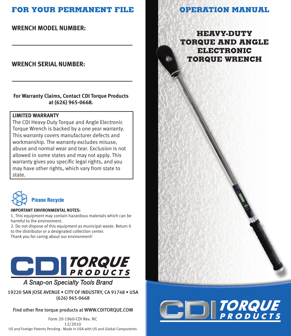 CDI Torque HEAVY-DUTY TORQUE AND ANGLE Electronic Torque Wrench User Manual | 6 pages