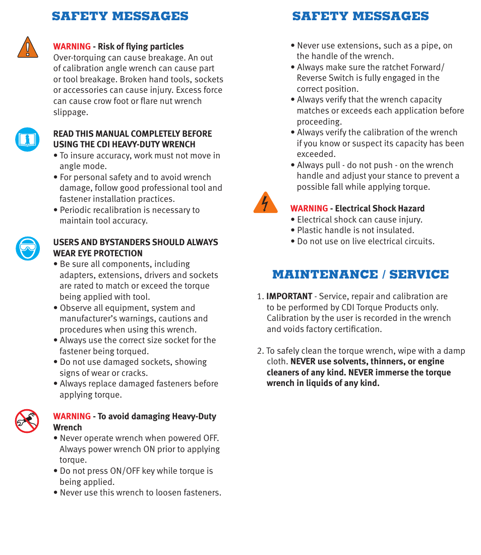 Safety messages, Maintenance / service | CDI Torque HEAVY-DUTY TORQUE AND ANGLE Electronic Torque Wrench User Manual | Page 2 / 6