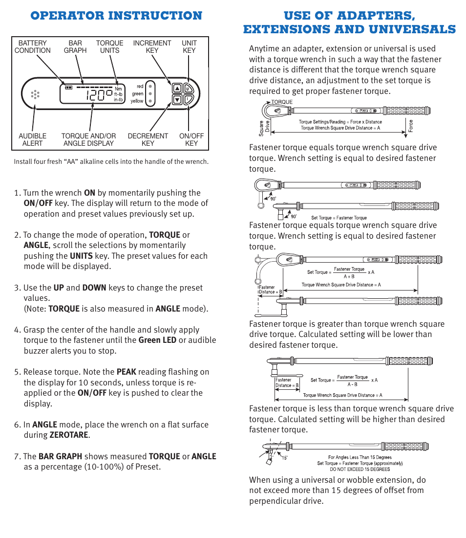 Operator instruction, Use of adapters, extensions and universals | CDI Torque HEAVY-DUTY TORQUE AND ANGLE Electronic Torque Wrench User Manual | Page 4 / 6
