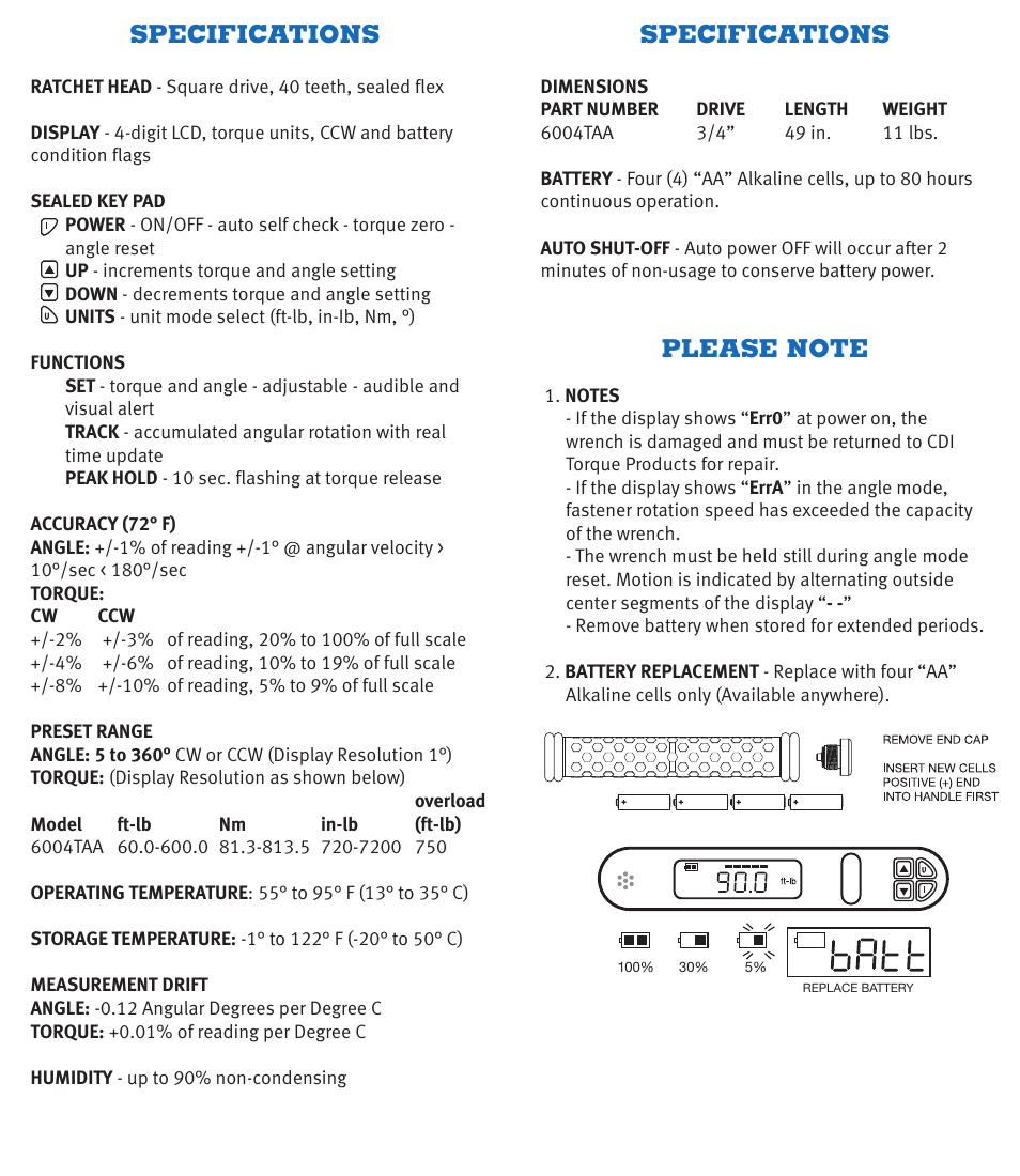 Specifications | CDI Torque HEAVY-DUTY TORQUE AND ANGLE Electronic Torque Wrench User Manual | Page 5 / 6