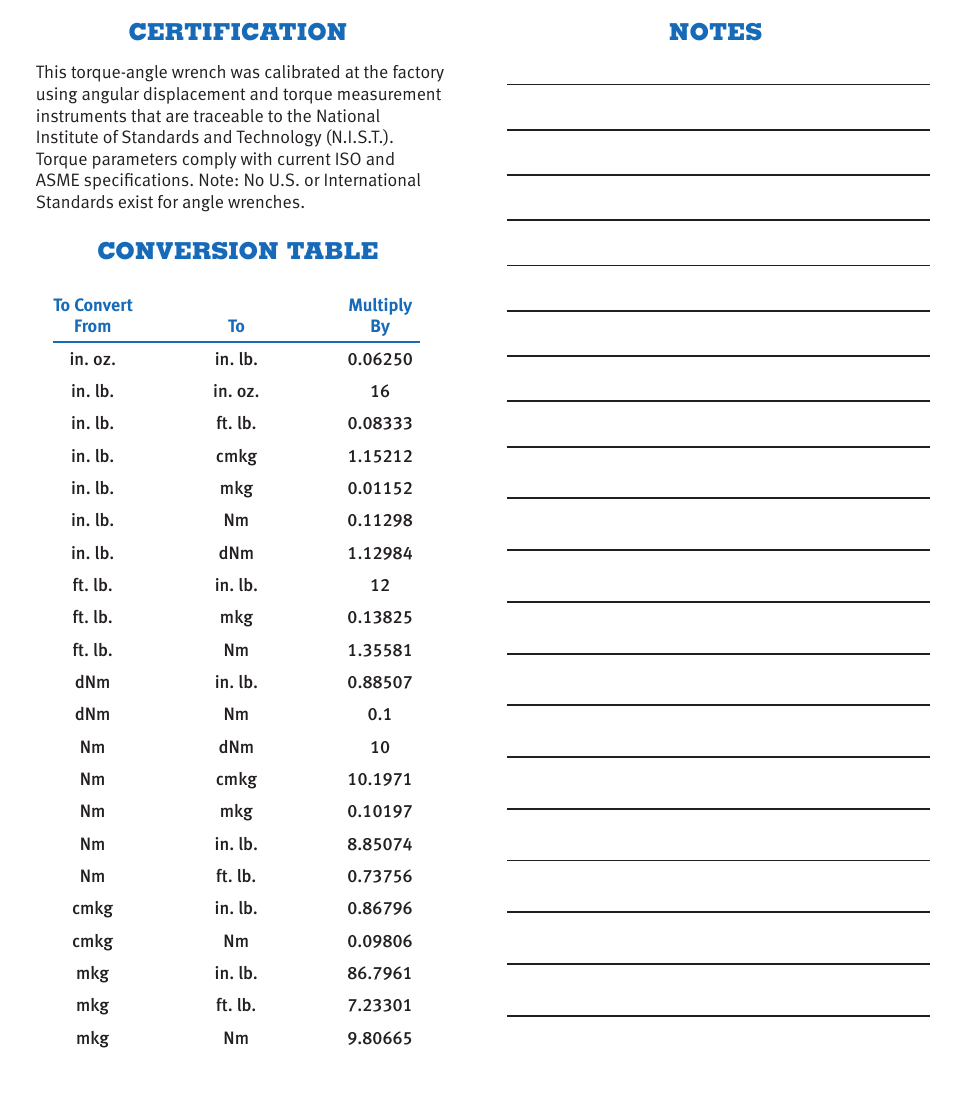 Certification conversion table | CDI Torque HEAVY-DUTY TORQUE AND ANGLE Electronic Torque Wrench User Manual | Page 6 / 6