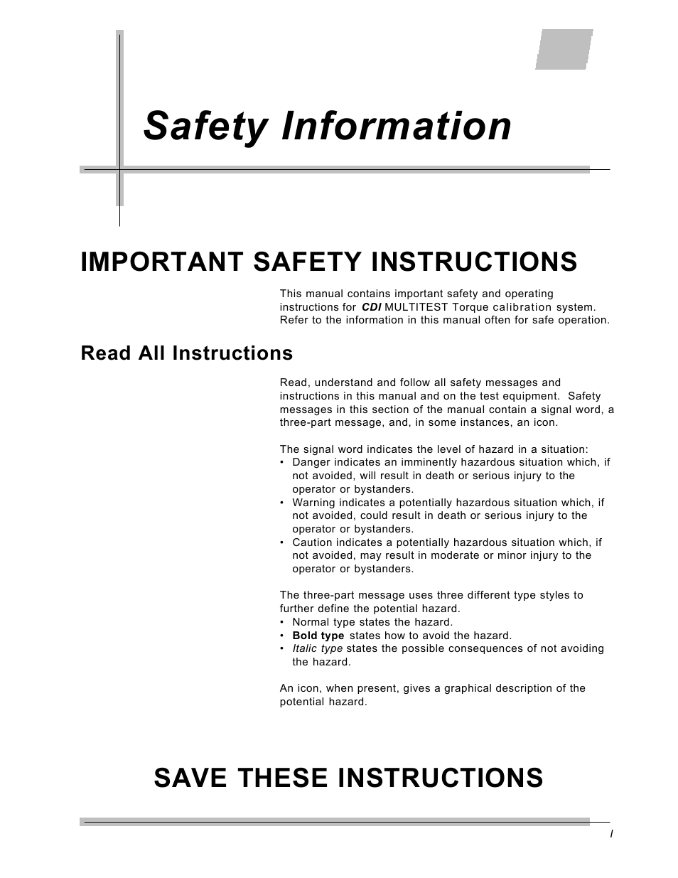 Safety information, Important safety instructions, Save these instructions | Read all instructions | CDI Torque MULTITEST Government User Manual | Page 11 / 96