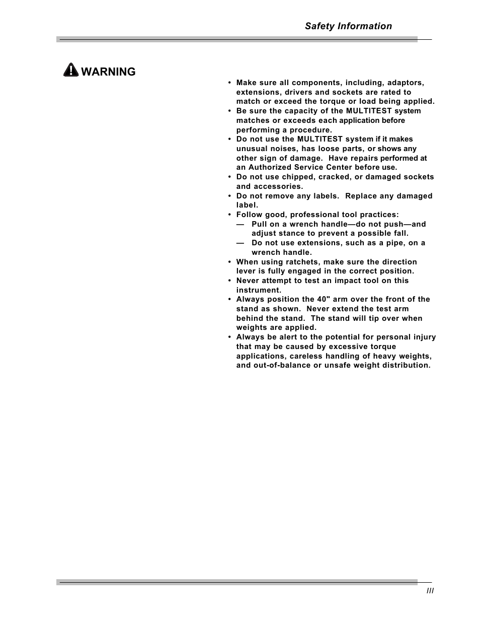 Warning | CDI Torque MULTITEST Government User Manual | Page 13 / 96
