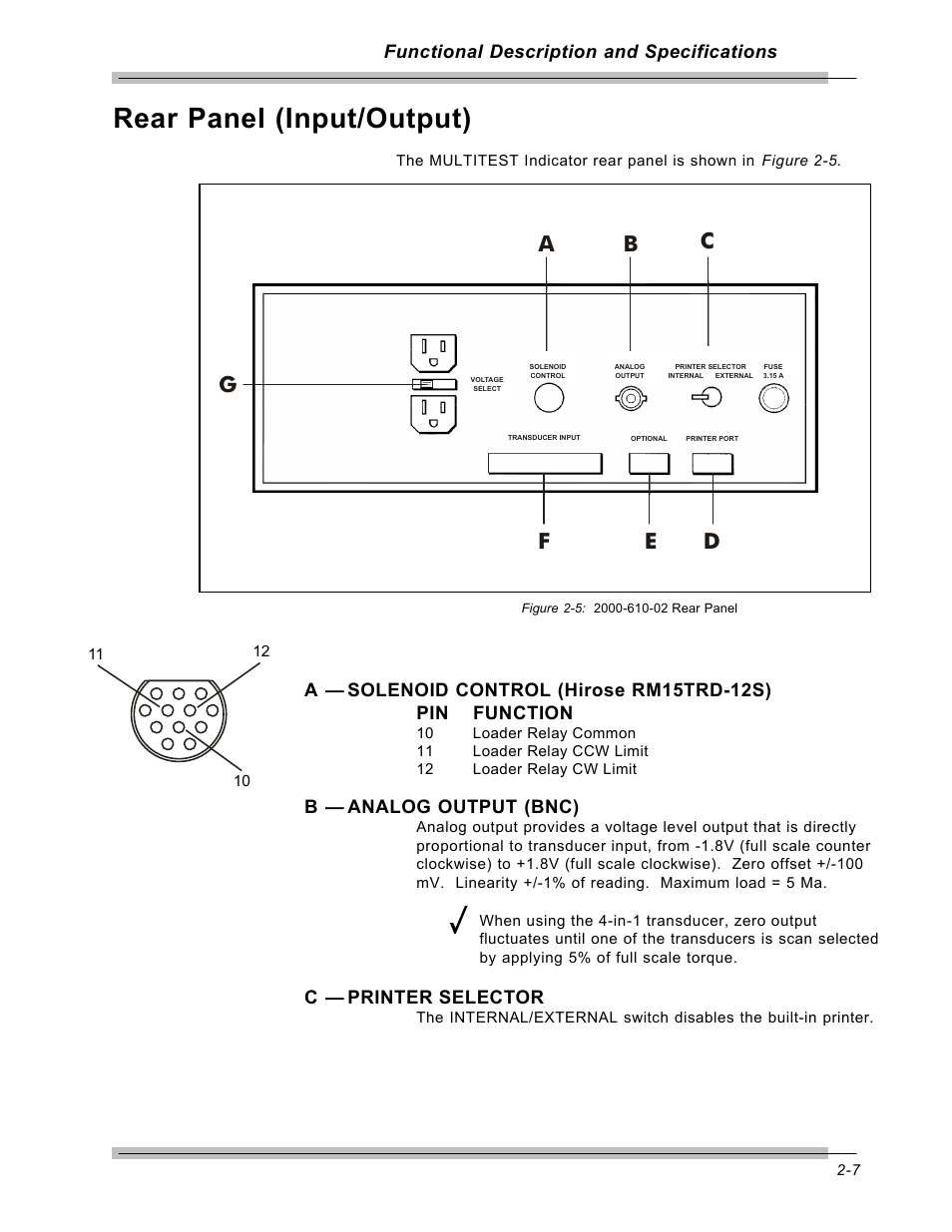 Rear panel (input/output), Functional description and specifications, B — analog output (bnc) | C — printer selector | CDI Torque MULTITEST Government User Manual | Page 23 / 96
