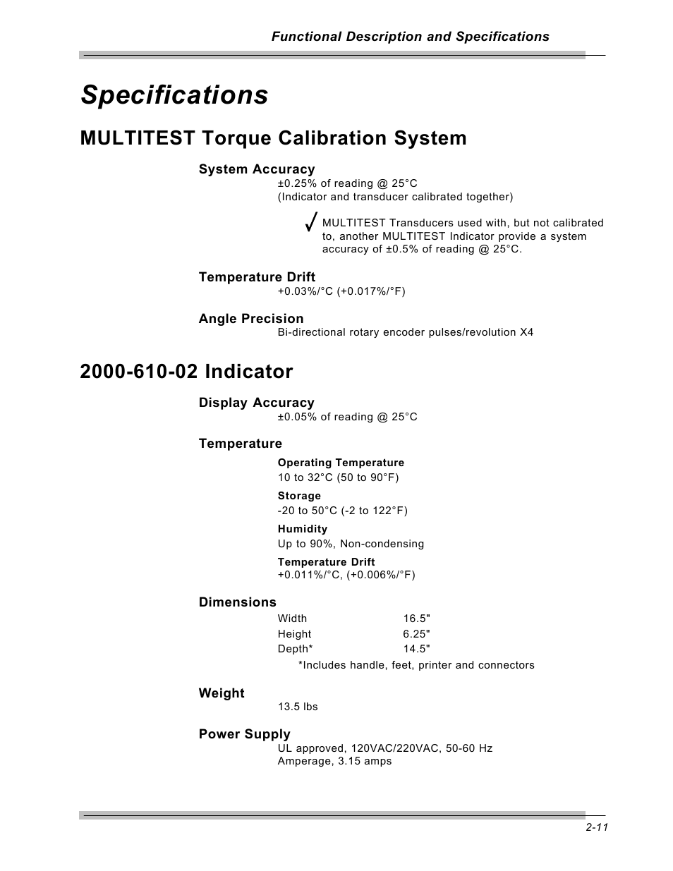 Specifications, Multitest torque calibration system | CDI Torque MULTITEST Government User Manual | Page 27 / 96