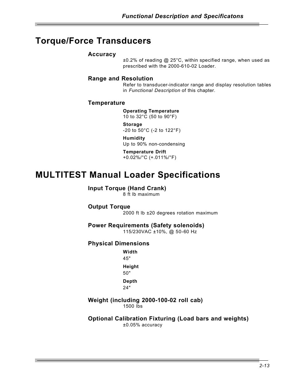 Torque/force transducers, Multitest manual loader specifications | CDI Torque MULTITEST Government User Manual | Page 29 / 96