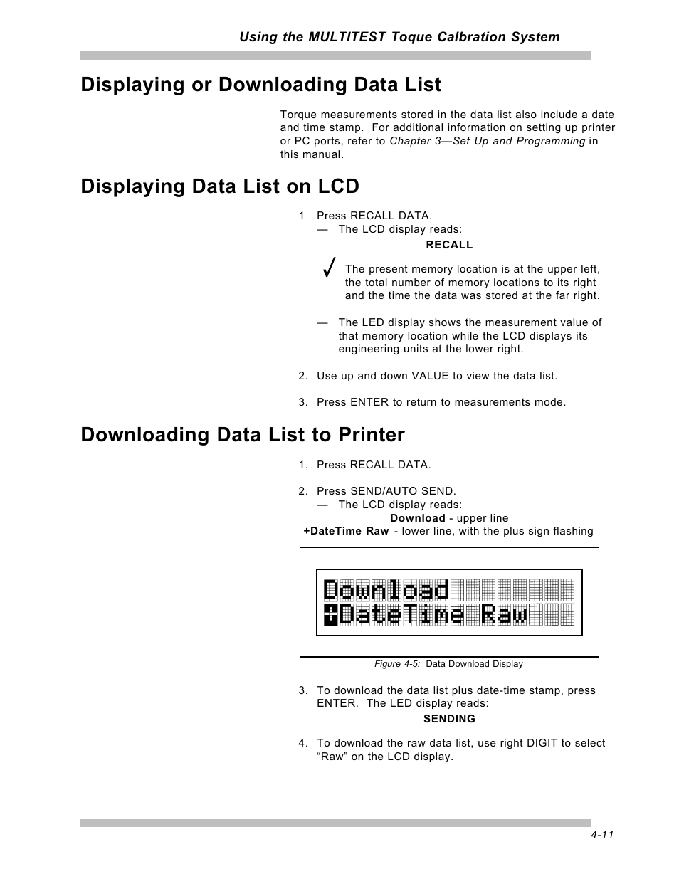 Displaying or downloading data list, Displaying data list on lcd, Downloading data list to printer | CDI Torque MULTITEST Government User Manual | Page 59 / 96