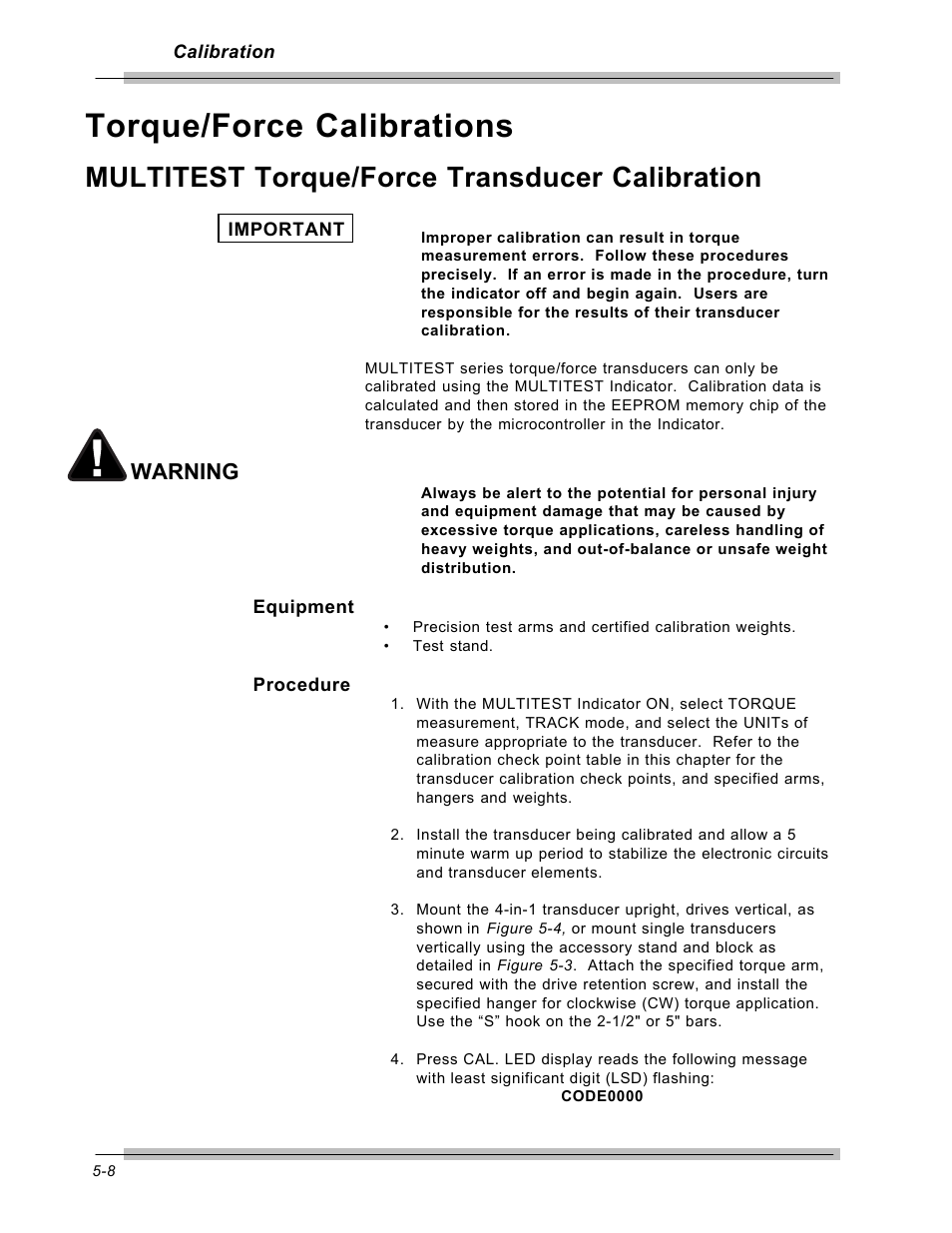 Torque/force calibrations, Multitest torque/force transducer calibration, Warning | CDI Torque MULTITEST Government User Manual | Page 72 / 96