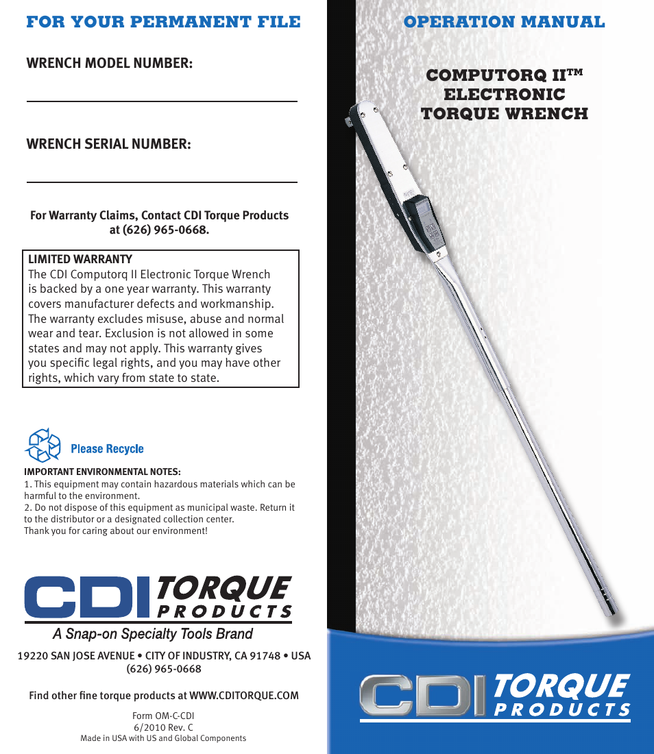 CDI Torque COMPUTORQ II Electronic Torque Wrench User Manual | 12 pages