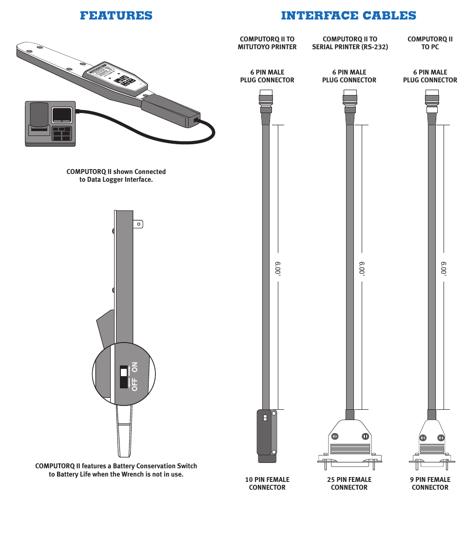 O.o .o.o, O.o.o.o, Features interface cables | Oo o.o o, Oo o, Oo o.o 2, Ooo.o o, Ooo.o 2 | CDI Torque COMPUTORQ II Electronic Torque Wrench User Manual | Page 10 / 12