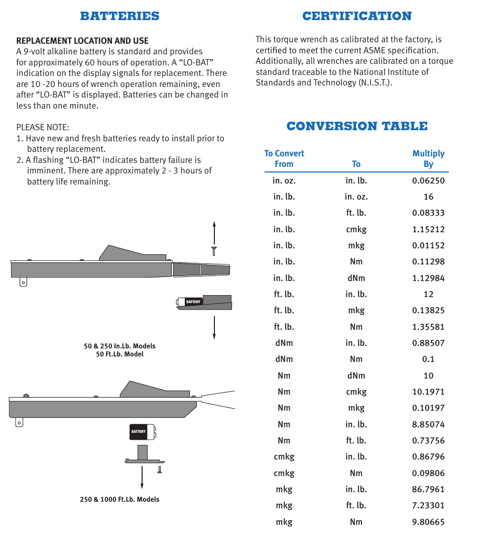 O.o.o.o, Batteries, Certification conversion table | Ooo.o o, Ooo.o 2 | CDI Torque COMPUTORQ II Electronic Torque Wrench User Manual | Page 11 / 12