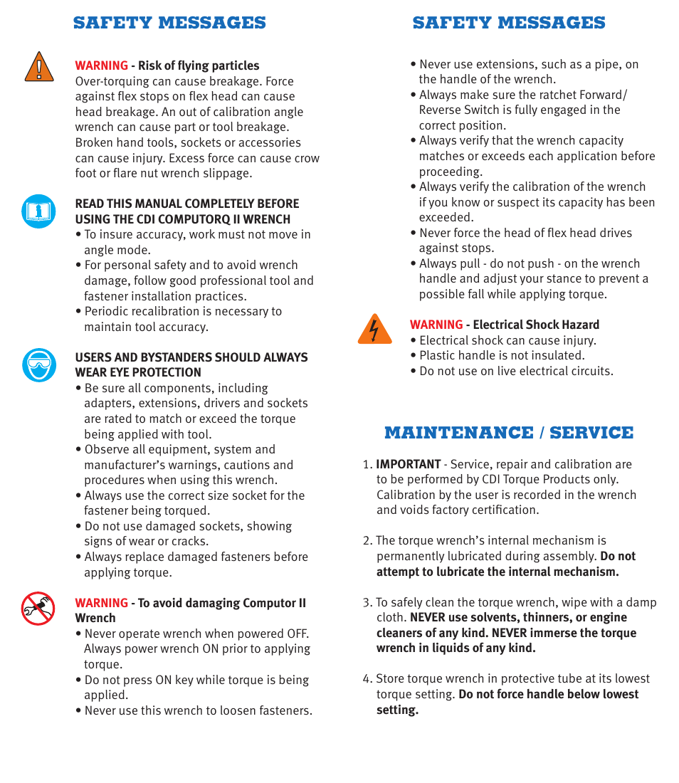 Safety messages, Maintenance / service | CDI Torque COMPUTORQ II Electronic Torque Wrench User Manual | Page 2 / 12