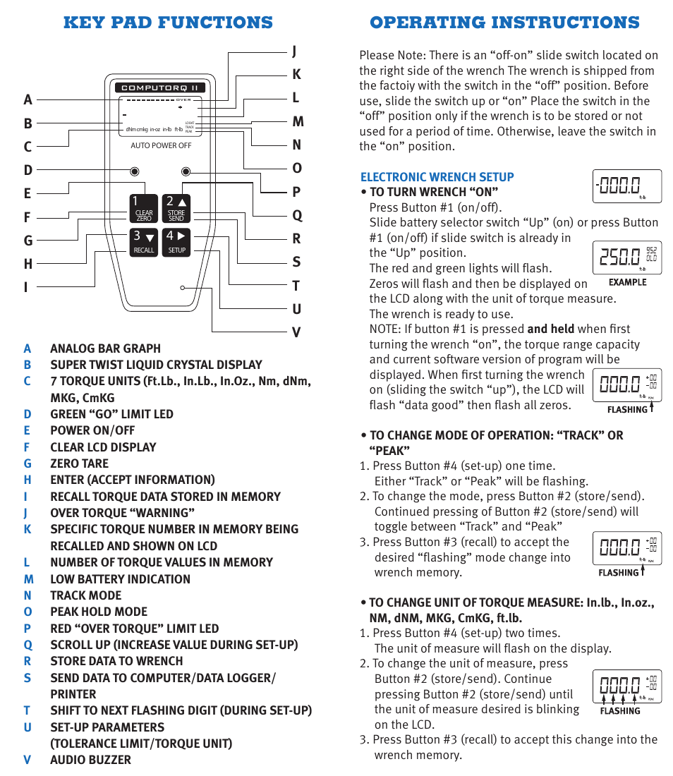 O.o.o.o, Key pad functions, Operating instructions | Ooo.o o, Ooo.o 2 | CDI Torque COMPUTORQ II Electronic Torque Wrench User Manual | Page 3 / 12