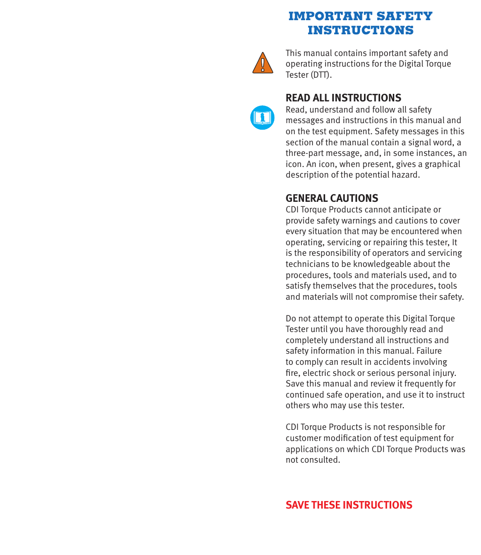 Important safety instructions | CDI Torque TORQUE AND ANGLE Electronic Torque Wrench User Manual | Page 2 / 12