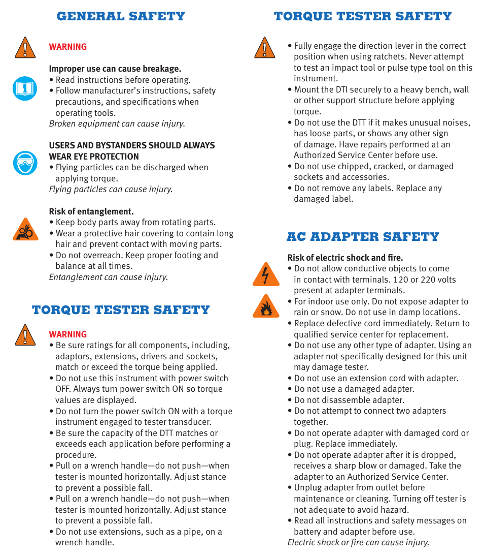 General safety, Ac adapter safety, Torque tester safety | CDI Torque TORQUE AND ANGLE Electronic Torque Wrench User Manual | Page 3 / 12