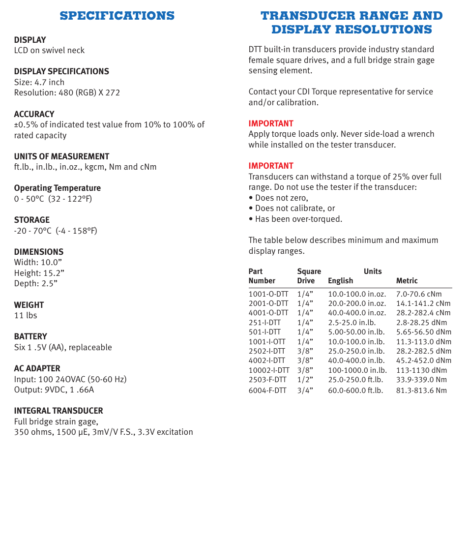 Specifications, Transducer range and display resolutions | CDI Torque TORQUE AND ANGLE Electronic Torque Wrench User Manual | Page 6 / 12