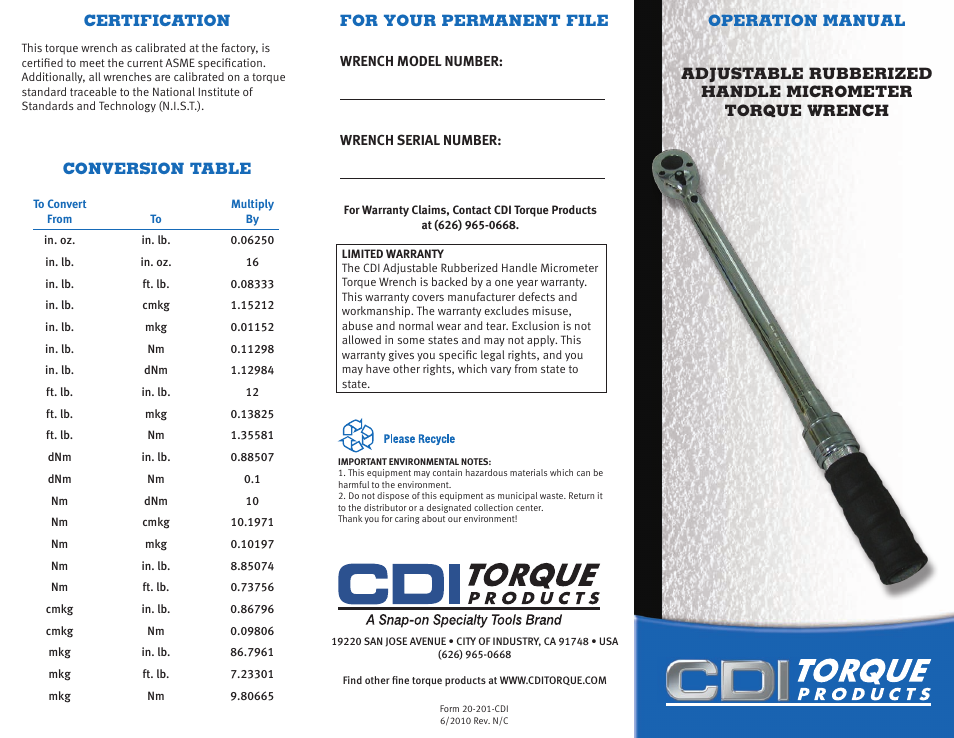 CDI Torque ADJUSTABLE RUBBERIZED HANDLE MICROMETER TORQUE WRENCH User Manual | 2 pages