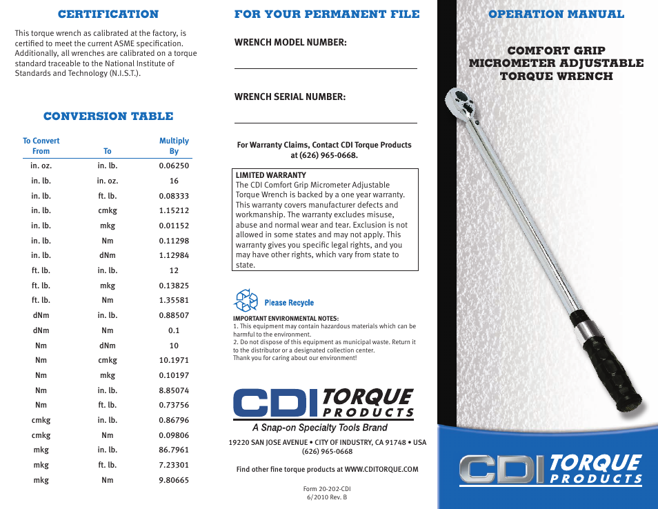 CDI Torque COMFORT GRIP MICROMETER ADJUSTABLE TORQUE WRENCH User Manual | 2 pages