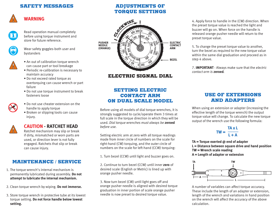Warning, Caution - ratchet head | CDI Torque DIAL TORQUE WRENCH DUAL SCALE ELECTRIC SIGNALING User Manual | Page 2 / 2