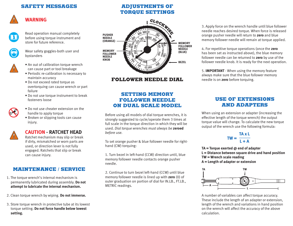 Warning, Caution - ratchet head | CDI Torque DIAL TORQUE WRENCH DUAL SCALE MEMORY NEEDLE User Manual | Page 2 / 2