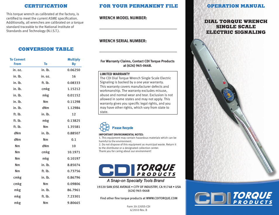 CDI Torque DIAL TORQUE WRENCH SINGLE SCALE ELECTRIC SIGNALING User Manual | 2 pages