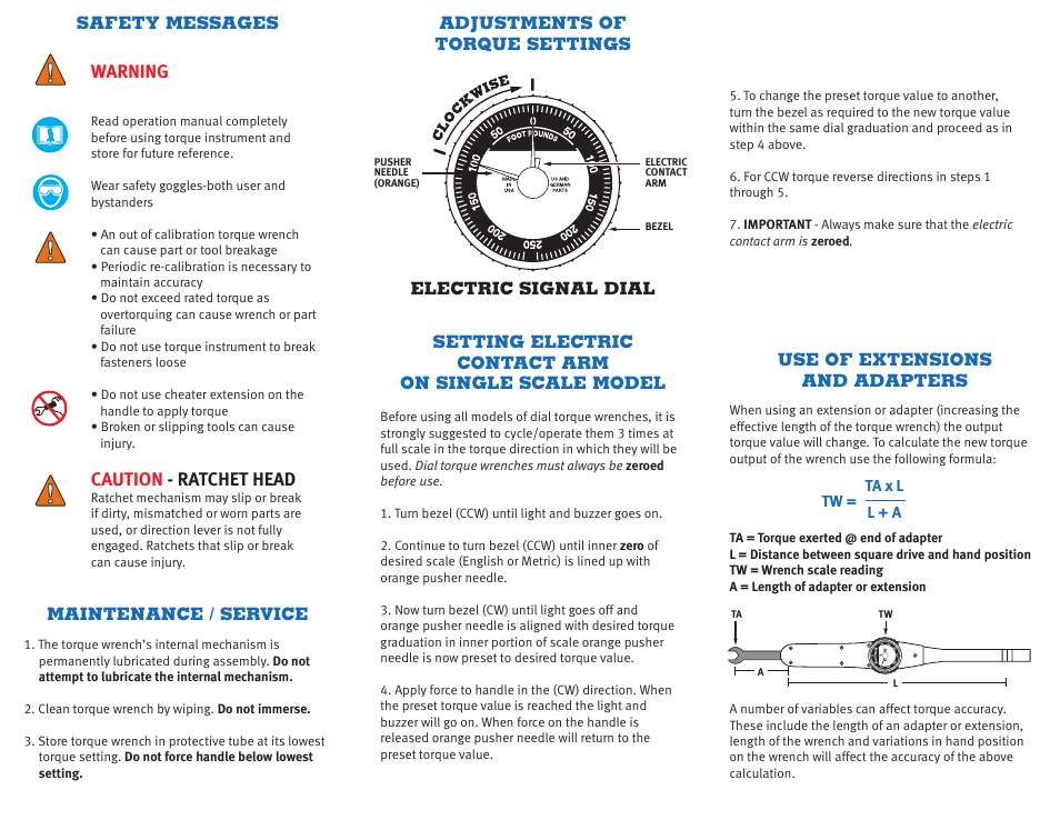 Warning, Caution - ratchet head | CDI Torque DIAL TORQUE WRENCH SINGLE SCALE ELECTRIC SIGNALING User Manual | Page 2 / 2