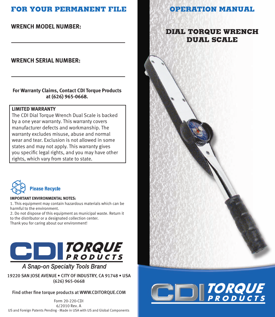 CDI Torque DIAL TORQUE WRENCH DUAL SCALE User Manual | 4 pages