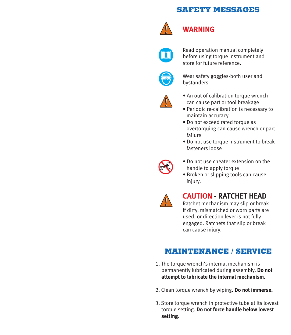 Warning, Caution - ratchet head, Safety messages | Maintenance / service | CDI Torque DIAL TORQUE WRENCH DUAL SCALE User Manual | Page 2 / 4