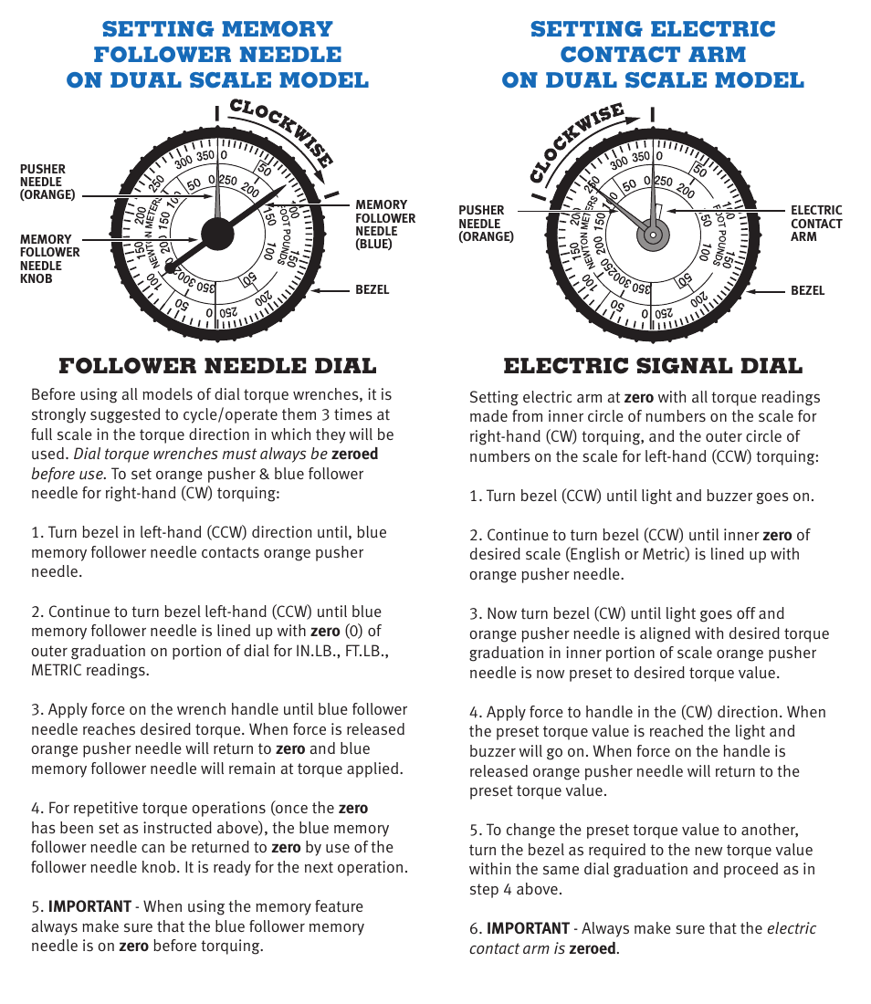 Follower needle dial, Electric signal dial, Setting electric contact arm on dual scale model | CDI Torque DIAL TORQUE WRENCH DUAL SCALE User Manual | Page 3 / 4