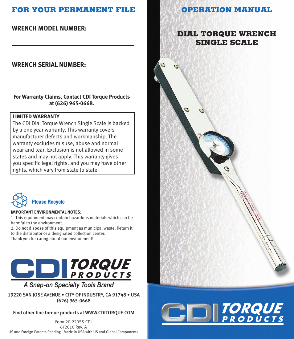 CDI Torque DIAL TORQUE WRENCH SINGLE SCALE User Manual | 4 pages