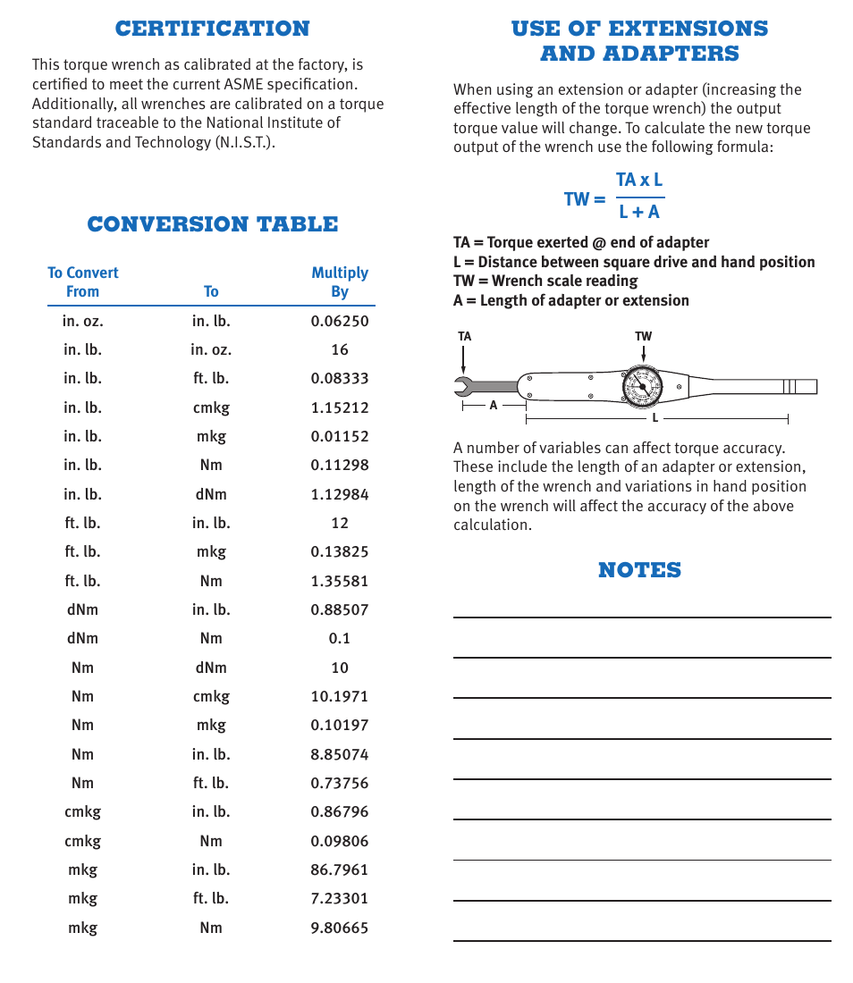 Certification conversion table, Use of extensions and adapters | CDI Torque DIAL TORQUE WRENCH SINGLE SCALE User Manual | Page 4 / 4